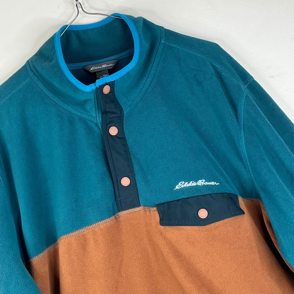 Eddie Bauer Fleece Pullover Mens XL Teal Brown Colorblock Snap Neck Jacket 2020